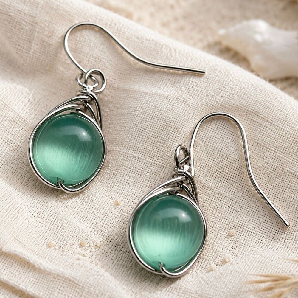Seafoam Glass Orb Drop Earrings – Wire Wrapped Silver Tone
